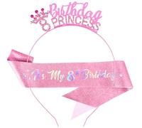 VELSCRUN 8th Birthday Princess Headband, Pink Princess Tiara Crown for Girls, It's My 8th Birthday Sash, Happy Birth Party Decorations for Girl, 8 Year Old Birth Gifts Cake Topper Hair Accessories