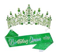 VELSCRUN Birthday Queen Tiara Crowns for Women Girls Green Crystal Birthday Queen Headband Sash Elegant Princess Crown Happy Birth Party Decorations Mom Sisters Birth Gift Hair Accessories