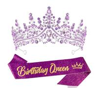 VELSCRUN Birthday Queen Tiara Crowns for Women Girls Purple Crystal Birthday Queen Headband Sash Elegant Princess Crown Happy Birth Party Decorations Mom Sisters Birth Gift Hair Accessories