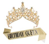 VELSCRUN Birthday Tiara Crowns for Women, Happy Birthday Queen Sash Birthday Decorations Party Supplies Birthday Favors Gifts, 16*15*6 CM, ['Cemented Carbide', 'Rhinestones'], Crystal