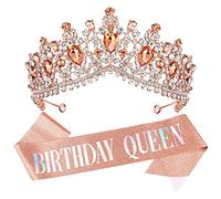 VELSCRUN Birthday Tiara Crowns for Women, Happy Birthday Queen Sash Birthday Decorations Party Supplies Birthday Favors Gifts, 2 Piece Set, Carbide, Crystal