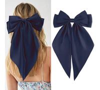Velscrun Hair Bows for Women Girls Navy Blue Silky Satin Large Coquette Hair Bow Oversized Hair Ribbons Big Hair Bows Clip Long Tail Bowknot Hair Barrettes Halloween Christmas Hair Accessories