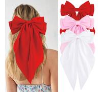 VELSCRUN Hair Clip - 3Pcs Silky Satin Hair Bows for Women in Red, Pink, White - Big Bow Hair Clips with Long Tail - Hair Accessories for Girls - Ideal for Special Occasions - 3 Count