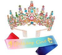 VELSCRUN Princess Tiara Crowns for Women - Birthday Girl Headband & Sash - Happy Birthday Decorations & Gifts, 15*15*7 CM, Cemented Carbide, Rhinestones