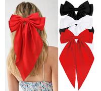 Velscrun Red Black White Hair Bows for Women Girls, Silky Satin Large Coquette Bow Oversized Hair Ribbons Big Bows Clip, Long Tail Bowknot Hair Barrettes Halloween Christmas Hair Bow Accessories