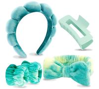 VELSCRUN Spa Headband, Makeup Face Wash Skincare Headbands, 5 Pcs Green Colorful Sponge Bow Tie Get Ready HairBand Facial Wristband Hair Clips Set, Stuff for Teen Girls Women Trendy Hair Accessories