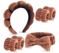 VELSCRUN Spa Headband, Makeup Face Wash Skincare Headbands, 6 Pcs Coffee Color Sponge Bow Tie Get Ready HairBand Facial Wristband Set, Stuff for Teen Girls Women Trendy Fashion Hair Accessories
