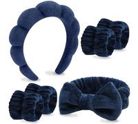 VELSCRUN Spa Headband, Makeup Face Wash Skincare Headbands, 6 Pcs Dark Blue Sponge Bow Tie Get Ready HairBand Facial Wristband Set, Stuff for Teen Girls Women Trendy Fashion Hair Accessories