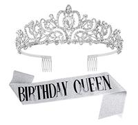 VELSCRUN Tiara for Women Birthday Queen Crowns with Birthday Girl Sash, Silver, Classic, Female, Women and Girls of All Ages