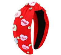 VELSCRUN Valentine’s Day Headband for Women Love Heart Headband Jeweled Crystal Rhinestone Knotted Headband Red Pink Wide Top Knot Headband Valentine’s Day Hair Accessories 01