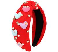 VELSCRUN Valentine’s Day Headband for Women Love Heart Headband Jeweled Crystal Rhinestone Knotted Headband Red Pink Wide Top Knot Headband Valentine’s Day Hair Accessories 03