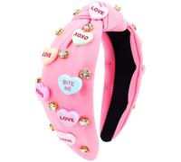 VELSCRUN Valentine’s Day Headband for Women Love Heart Headband Jeweled Crystal Rhinestone Knotted Headband Red Pink Wide Top Knot Headband Valentine’s Day Hair Accessories 02