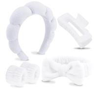 VELSCRUN White Puffy Sponge Spa Headband Bow Tie Hair Band Hair Clips Wristband Set, 5 Pcs Spa Headbands for Wash Face, Makeup Headband, Facial Skincare Headbands Women Girls Hair Accessories
