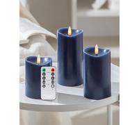 Velsyn Navy Blue Flameless Candles with Remote and Timer, Real Wax Made LED Pillar Candles Battery Operated with 3D Flickering Flame Melted Top, 3" x 4",5",6", Navy Blue Decor, Set of 3