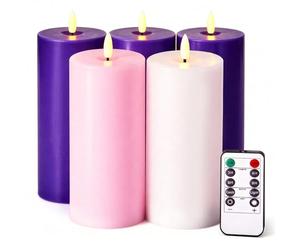 Velsyn Pillar Advent Candles Set of 5, Battery Operated Advent Candle Set with Remote and Timer, 3x6 Pink and Purple Pillar Candle Set, Flameless Advent Candles for Advent Wreath Pillar Candle Holder