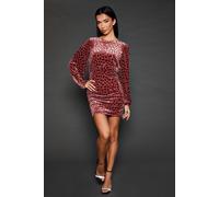 Womens Velvet Animal Ruched Mini Dress Berry 16