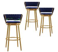 Velvet Barstools, Counter Height Stools with Degree Swivel Seat Top, Iron Bar Chairs for Kitchen Island, Bar, Pub, 300lbs, 3pcs (Blue Cushion-gold Leg,65cm)