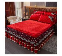 Velvet Bedding Cover Quilted Lace Fitted Bed Sheet Winter Warm Plush Ruffle Bed Skirt Queen King Mattress Protector For Single Bed Double Bed(Red,47.24x78.74in-1pc)