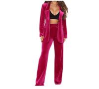 Velvet Blazer Suit for Women UK Work Elegant Business Blazer + Wide Leg Pants Set Ladies Formal Loose 2 Piece Outfit Casual Work Wear Vintage Classic Solid Suit Jacket Wedding Trousers Suits Wine