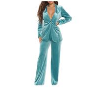 Velvet Blazer Suit for Women UK Work Elegant Business Blazer + Wide Leg Pants Set Ladies Formal Loose 2 Piece Outfit Casual Work Wear Vintage Classic Solid Suit Jacket Wedding Trousers Suits