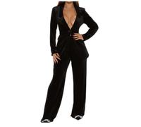 Velvet Blazer Suit for Women UK Work Elegant Business Blazer + Wide Leg Pants Set Ladies Formal Loose 2 Piece Outfit Casual Work Wear Vintage Classic Solid Suit Jacket Wedding Trousers Suits Black