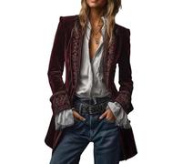 Velvet Blazer Women Vintage Embroidered Jacket Pirate Gothic Steampunk Jackets Casual Open Front Cardigan Outerwear(Mulberry,Medium)