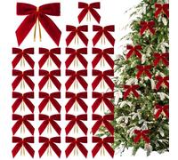 Velvet Bows for Christmas Tree - 24-PC Red 3.5 In Vintage Ribbon Ornaments for Indoor Outdoor Wreaths Garland, Home Parties