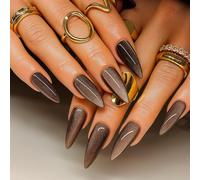 Velvet Brown Cat-Eye Magnetic Press On Nails Almond Medium Shape - Stylish Glitter Fake Nails Fall Winter Short Autumn Oval Stiletto Handmade Acrylic Coffin French Tip Dark Glam