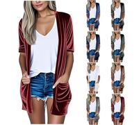 Velvet Cardigan Tops for Women UK Kimono Cardigans with Pockets Open Front Lightweight Outerwear Comfort Ladies 3/4 Sleeve Loose Cardigans Casual Plus Size Outwear Wine