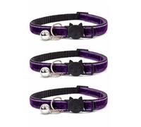 Velvet Cat Collars with Bell. Safe Breakaway Quick Release Buckle. Available in Cat & Kitten Size (Pack of 3) (Cat Collar (20cm - 30cm), Deep Purple Velvet (Pack of 3))