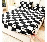 Velvet Checkered Mattress Cover, Luxury Non-Slip Protector With Plush Fuzzy Feel, 360° Elastic Fitted Sheet For Twin Queen Size Beds, Velvet Bedding(Black,160 * 200cm)