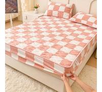 Velvet Checkered Mattress Cover, Luxury Non-Slip Protector With Plush Fuzzy Feel, 360° Elastic Fitted Sheet For Twin Queen Size Beds, Velvet Bedding(Pink,160 * 200cm)