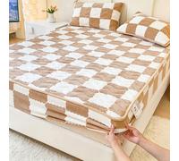 Velvet Checkered Mattress Cover, Luxury Non-Slip Protector With Plush Fuzzy Feel, 360° Elastic Fitted Sheet For Twin Queen Size Beds, Velvet Bedding(Brown,160 * 200cm)