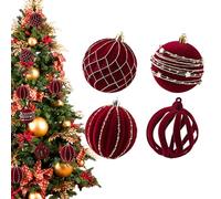 Velvet Christmas Balls - 4Pcs Burgundy Flocked Ornaments | Decorative Hanging Baubles, 8cm Shatterproof Glitter Christmas Pendant | Holiday Favors, Luxury Home Decorations