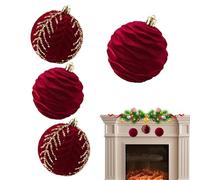 Velvet Christmas Balls - 4Pcs Burgundy Flocked Ornaments | Decorative Hanging Baubles, 8cm Shatterproof Glitter Christmas Pendant | Holiday Favors, Luxury Home Decorations