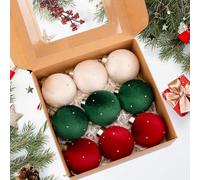 Velvet Christmas Balls Ornaments 9 Pack,Lightweight,60mm/2.36inch Shatterproof Xmas Bulbs Hanging Ornament Christmas Tree Ball Birthday Holiday Wedding Decorations,Beige,Green,Red