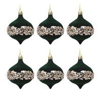 Velvet Christmas Dark Green Baubles - Lantern With Sequin Band 9cm - Set of 6