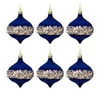 Velvet Christmas Navy Blue Baubles - Lanterns with Sequin Band 9cm - Set of 6