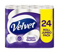 Velvet Classic Quilted Toilet Tissue 24 Rolls - Luxuriously Soft, Strong and Absorbent Toilet Roll - Jumbo Bulk Pack 24 Rolls - 3-ply - White