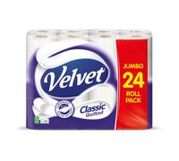 Velvet Classic Quilted Toilet Tissue 24 Rolls - Luxuriously Soft, Strong and Absorbent Toilet Roll - Jumbo Bulk Pack 24 Rolls - 3-ply - White