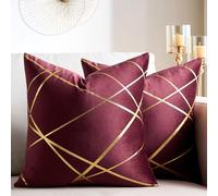 Velvet Cushion Cover 40 x 40 CM Claret Decorative Throw Pillow Covers Gold Lines Square Geometry Cushion Case Soft Home for Living Room Bedroom Spring Summer 16 x 16 Inch 2 Pack