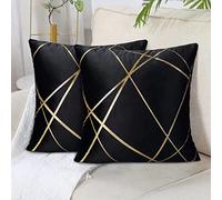 Velvet Cushion Cover Black Decorative Throw Pillow Covers Gold Lines Square Geometry Cushion Case Soft Home for Living Room Bedroom Pack of 2 20 x 20 Inch 50 x 50 CM