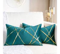 Velvet Cushion Cover Teal Decorative Throw Pillow Covers Gold Lines Square Geometry Cushion Case Soft Home for Living Room Bedroom Pack of 2 12 x 20 Inch