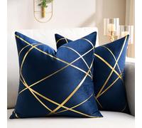 Velvet Cushion Covers 50 x 50 CM Gilded Throw Pillow Covers Decorative Velvet Sofa Cushions Gold Lines Geometry Dark Blue Square Decorative Soft Home for Sofa Living Room Pack of 2