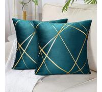 Velvet Cushion Covers 50 x 50 CM Gilded Throw Pillow Covers Decorative Velvet Sofa Cushions Gold Lines geometry Pattern Teal Square Decorative Soft Home for Sofa Living Room Pack of 2