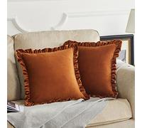 Velvet Cushion Covers Pack of 2 45x45 CM Square Burnt Orange Pillow Covers with Ruffle Edges Sofa Cushions Living Room Premium Soft Throw Covers Bedroom Decorative Pillowcase