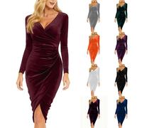 Velvet Dresses for Women UK Elegant Long Sleeve V Neck Side Slit Ruched Wrap Dress 2025 Winter Christmas Holiday Clothes Cocktail Party Evening Events Formal