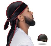Velvet Durag for Men Wave Cap Velvet Dorag for Men Women 360 Wave, Black With Red Seam, One size