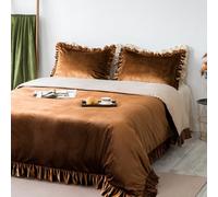 Velvet Duvet Cover Set Retro Ruffle Flounces Trim Luxurious Solid Olive Green Farmhouse Vintage Comforter Cover Bedding Sets, Matching Shams for Home Bedroom Decor Golden Camel,King 104"x90"