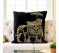 Velvet Elephant Cushion Cover 50x50cm Black Gold Embroidered Boho Decor | Plush velvet · gold elephant embroidery · hidden zip · fits 50x50cm inserts